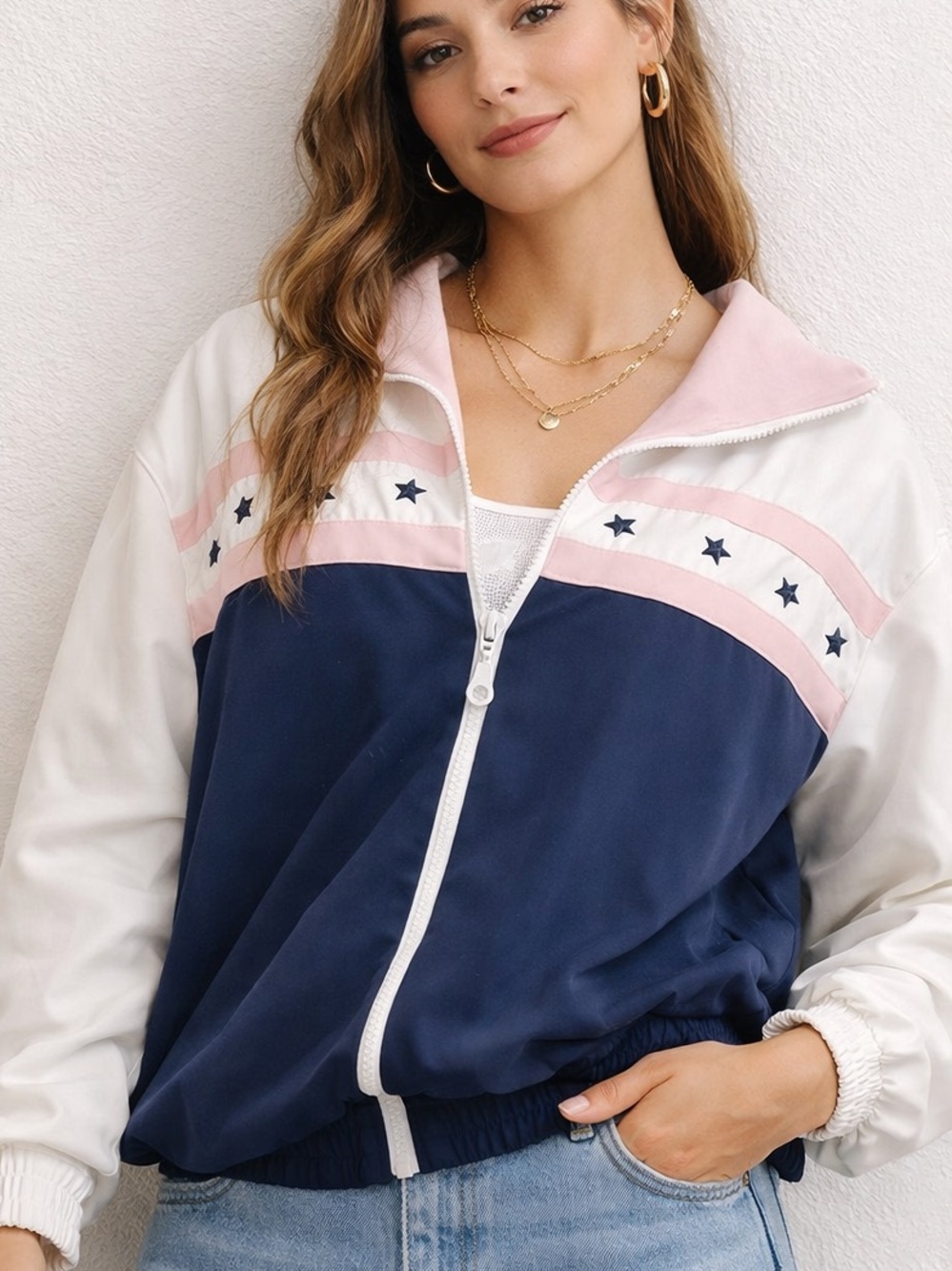 Vintage Alfred Dunner Americana Varsity Bomber Jacket USA Zip Up L/XL 14